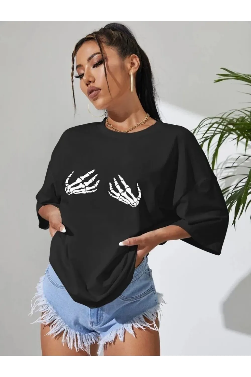 Kadın Baskılı T-Shirt Kısa Kol Bisiklet Yaka Oversize Rahat Kalıp Tişört - Siyah