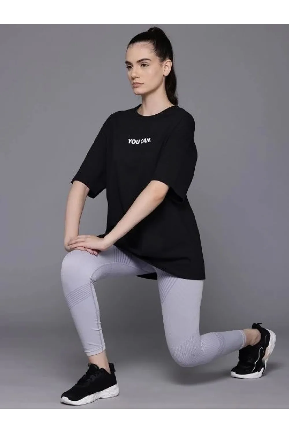 Kadın Baskılı T-Shirt Kısa Kol Bisiklet Yaka Oversize Rahat Kalıp Tişört - Siyah
