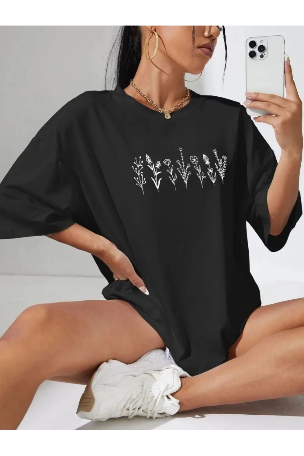 Kadın Baskılı T-Shirt Kısa Kol Bisiklet Yaka Oversize Rahat Kalıp Tişört - Siyah