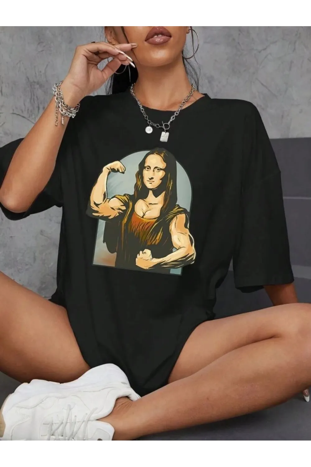 Kadın Baskılı T-Shirt Kısa Kol Bisiklet Yaka Oversize Rahat Kalıp Tişört - Siyah