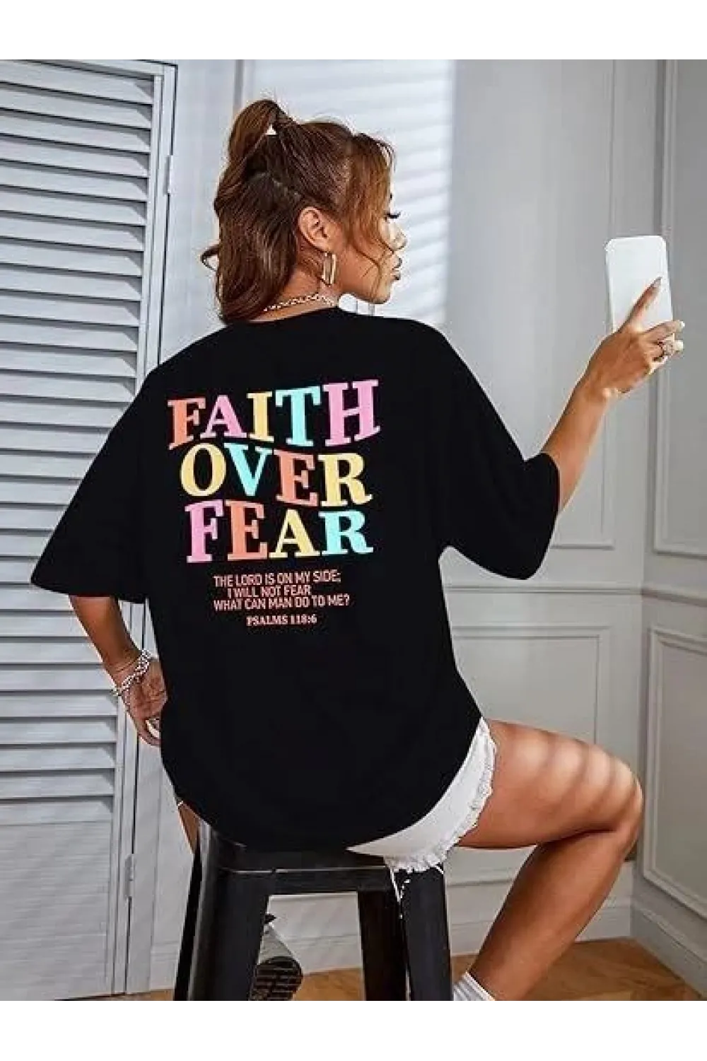 Kadın Baskılı T-Shirt Kısa Kol Bisiklet Yaka Oversize Rahat Kalıp Tişört - Siyah