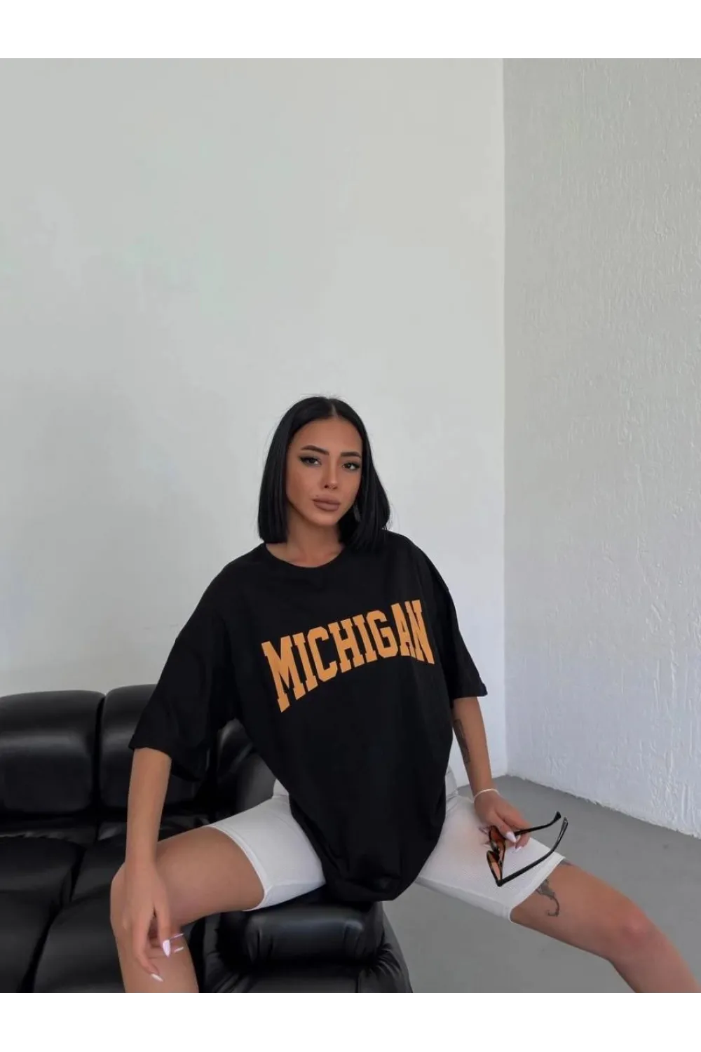 Kadın Baskılı T-Shirt Kısa Kol Bisiklet Yaka Oversize Tişört - Siyah