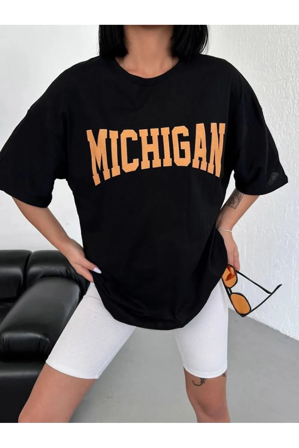 Kadın Baskılı T-Shirt Kısa Kol Bisiklet Yaka Oversize Tişört - Siyah