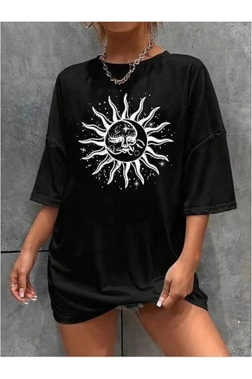 Kadın Baskılı T-Shirt Kısa Kol Bisiklet Yaka Regular Fit Rahat Kalıp Tişört - Siyah