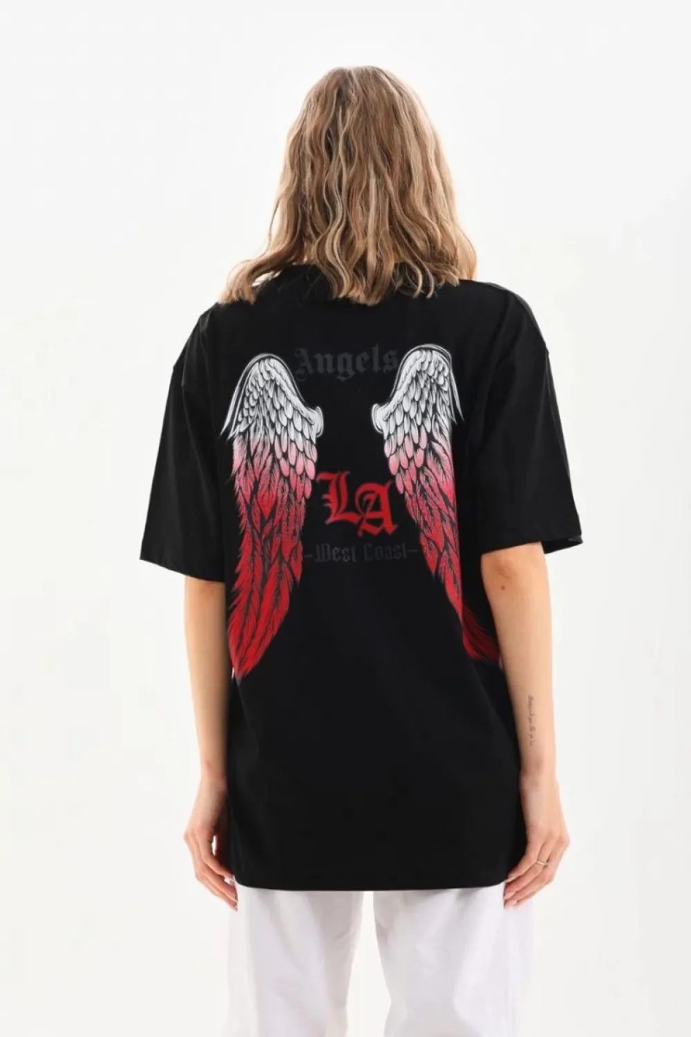 Kadın Baskılı Tişört Kısa Kol Bisiklet Yaka Oversize T-Shirt - Siyah