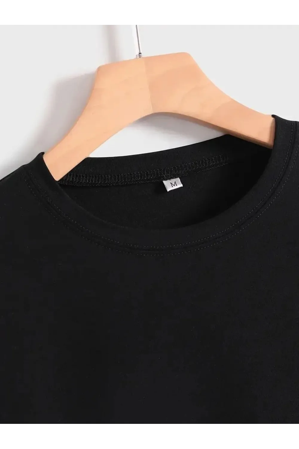 Kadın Baskılı Tişört Kısa Kol Bisiklet Yaka T-shirt - Siyah