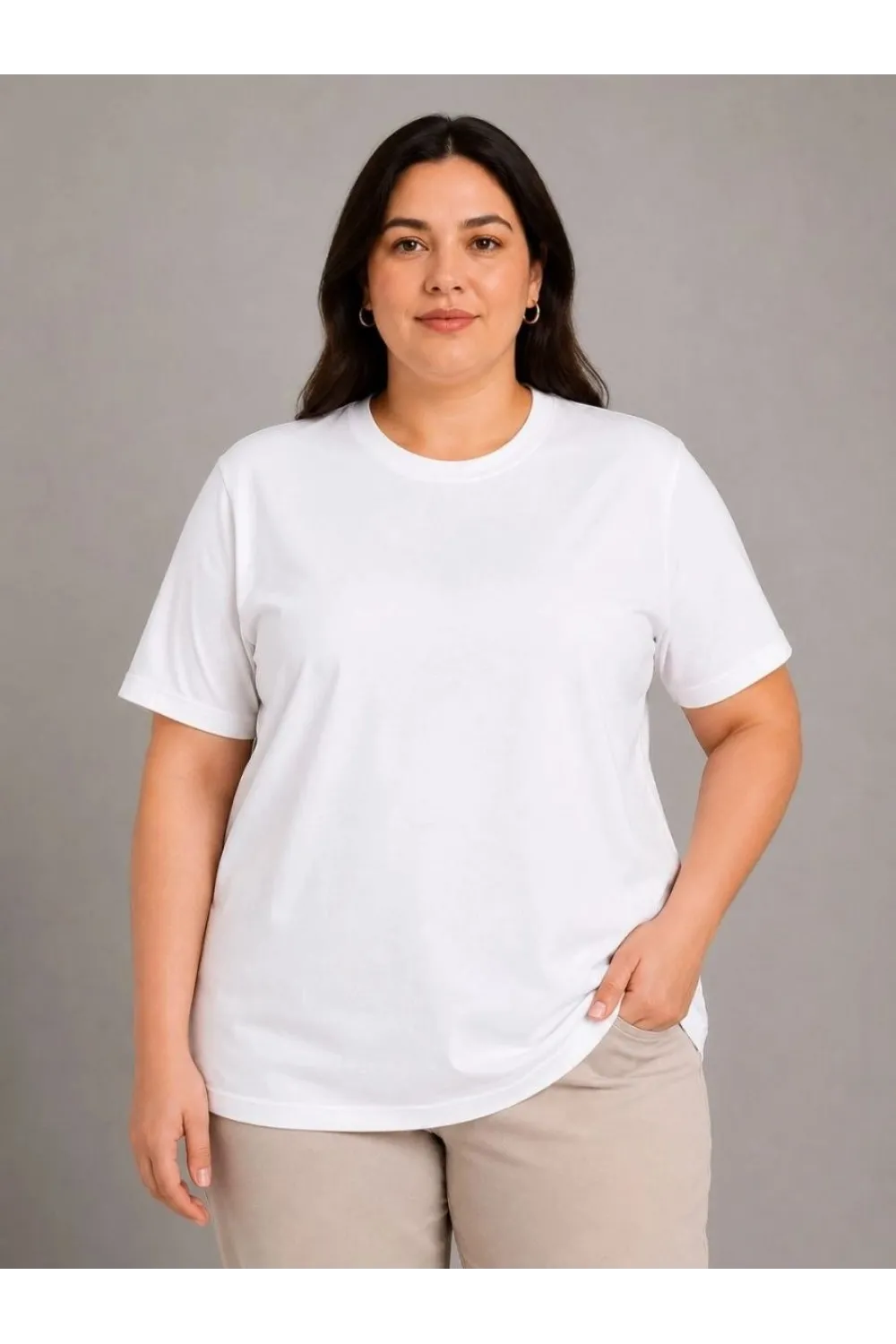 Kadın Battal Big Size Basic Tişört Bisiklet Yaka Rahat Kalıp T-Shirt - Beyaz