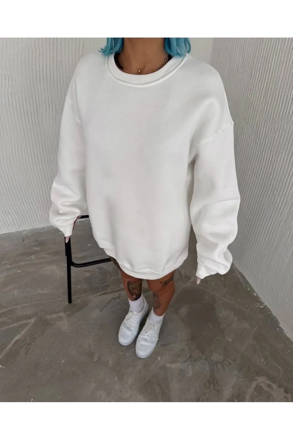 Kadın Bisiklet Yaka 3 İplik Pamuklu Basic SweatShirt - Beyaz