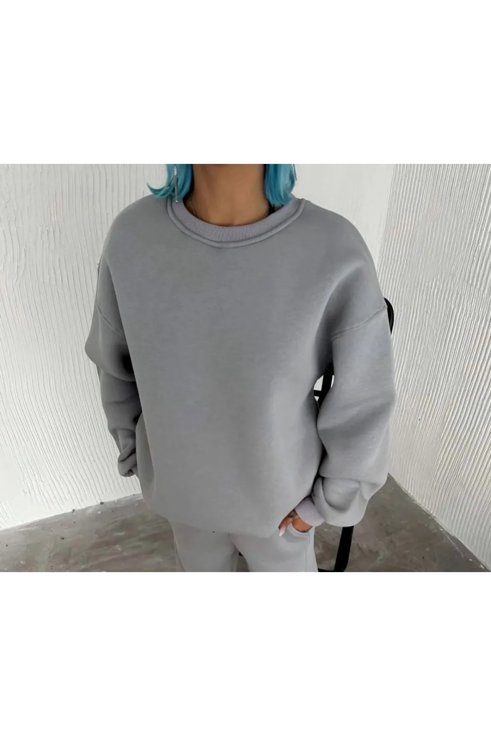 Kadın Bisiklet Yaka 3 İplik Pamuklu Basic SweatShirt - Gri