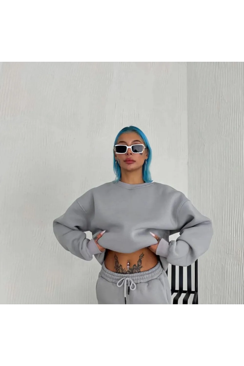 Kadın Bisiklet Yaka 3 İplik Pamuklu Basic SweatShirt - Gri