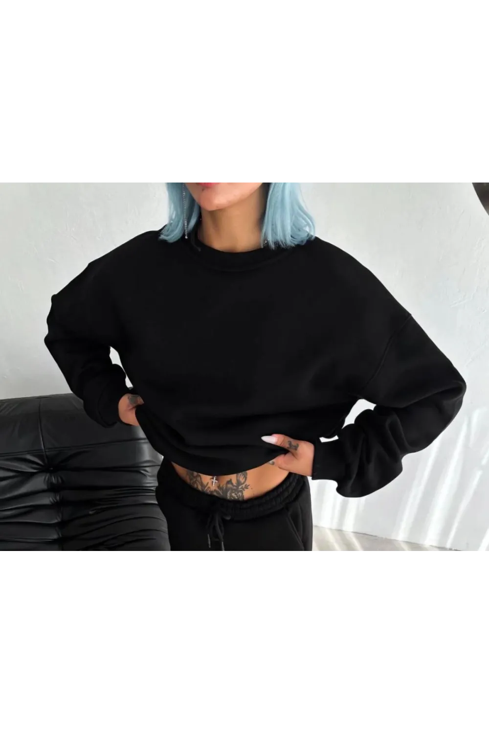Kadın Bisiklet Yaka 3 İplik Pamuklu Basic SweatShirt - Siyah