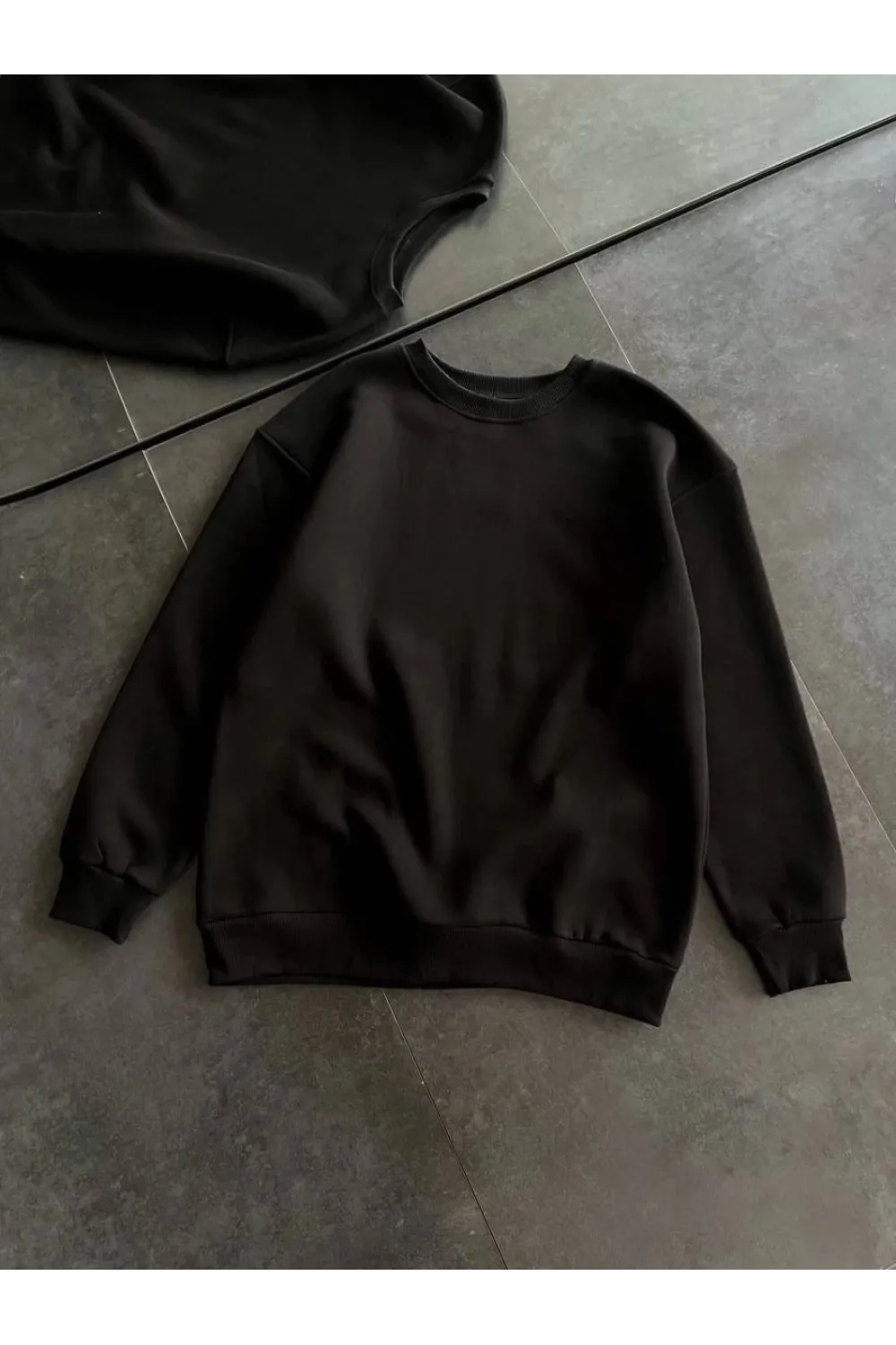 Kadın Bisiklet Yaka 3 İplik Pamuklu Basic SweatShirt - Siyah