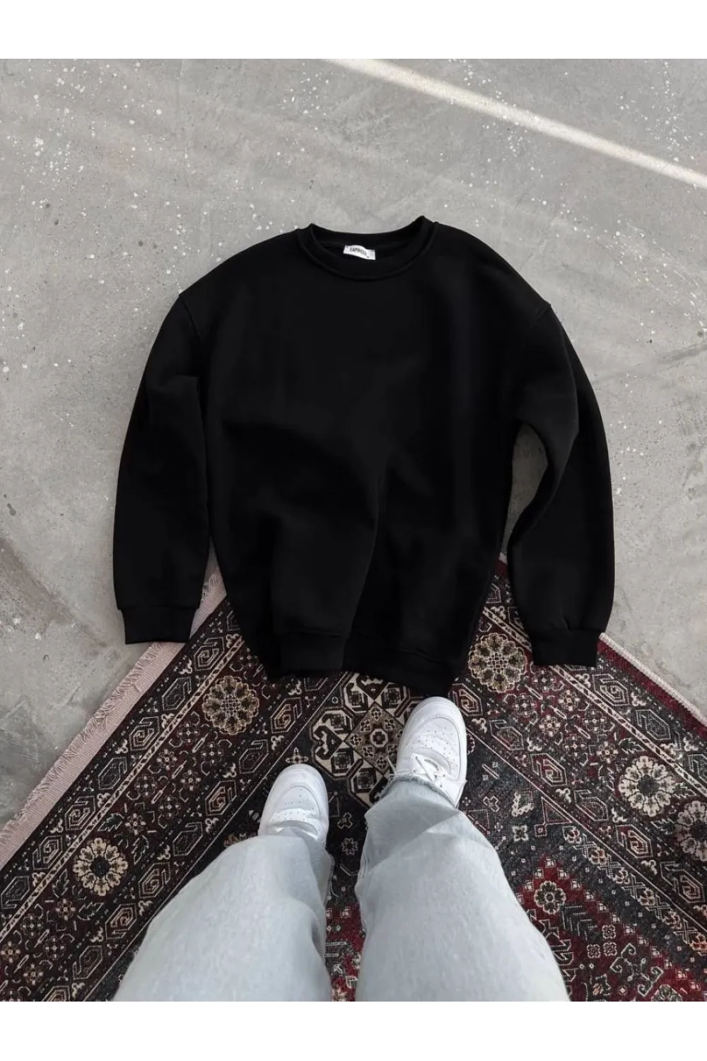 Kadın Bisiklet Yaka 3 İplik Pamuklu Basic SweatShirt - Siyah