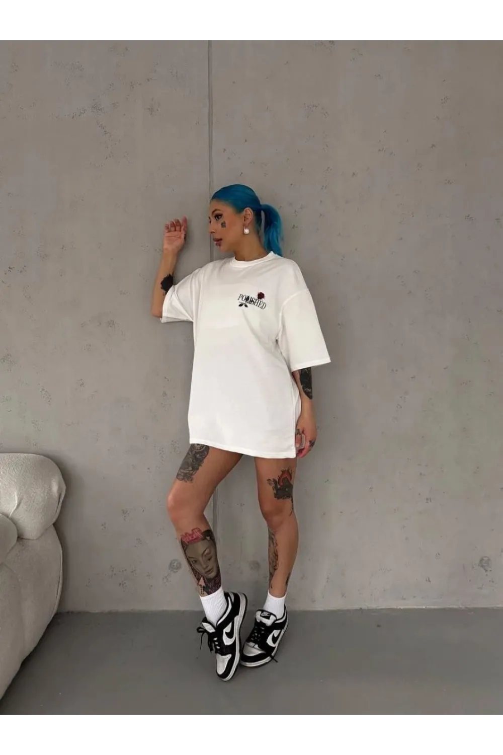 Kadın Bisiklet Yaka Baskılı Kısa kol Oversize T-Shirt - Beyaz