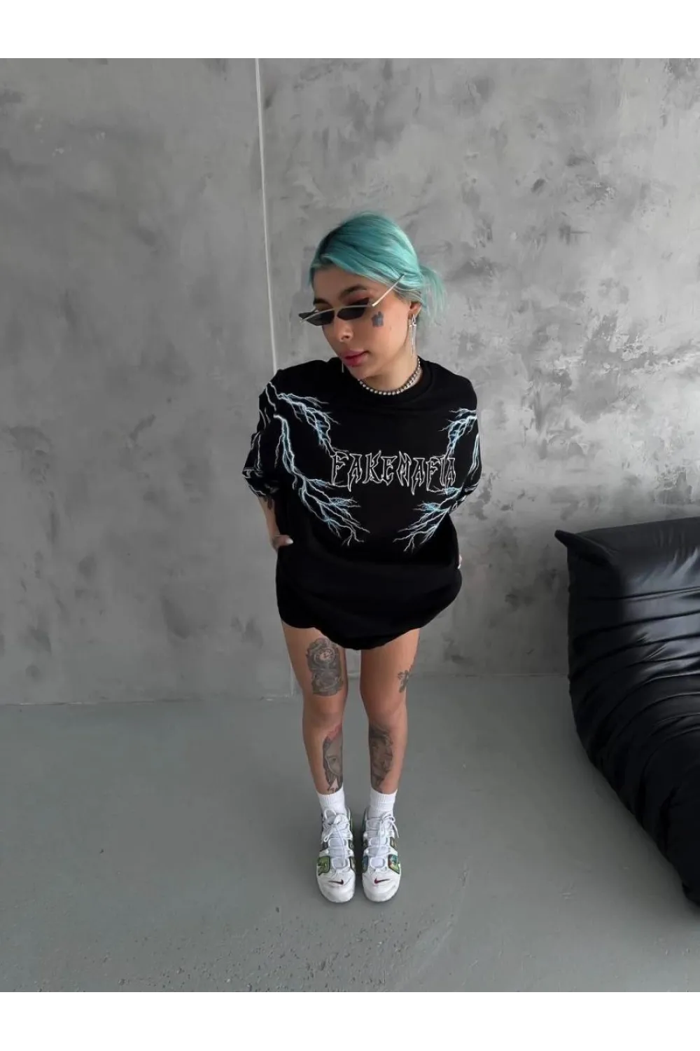 Kadın Bisiklet Yaka Baskılı  Kısa kol Oversize T-Shirt - Siyah