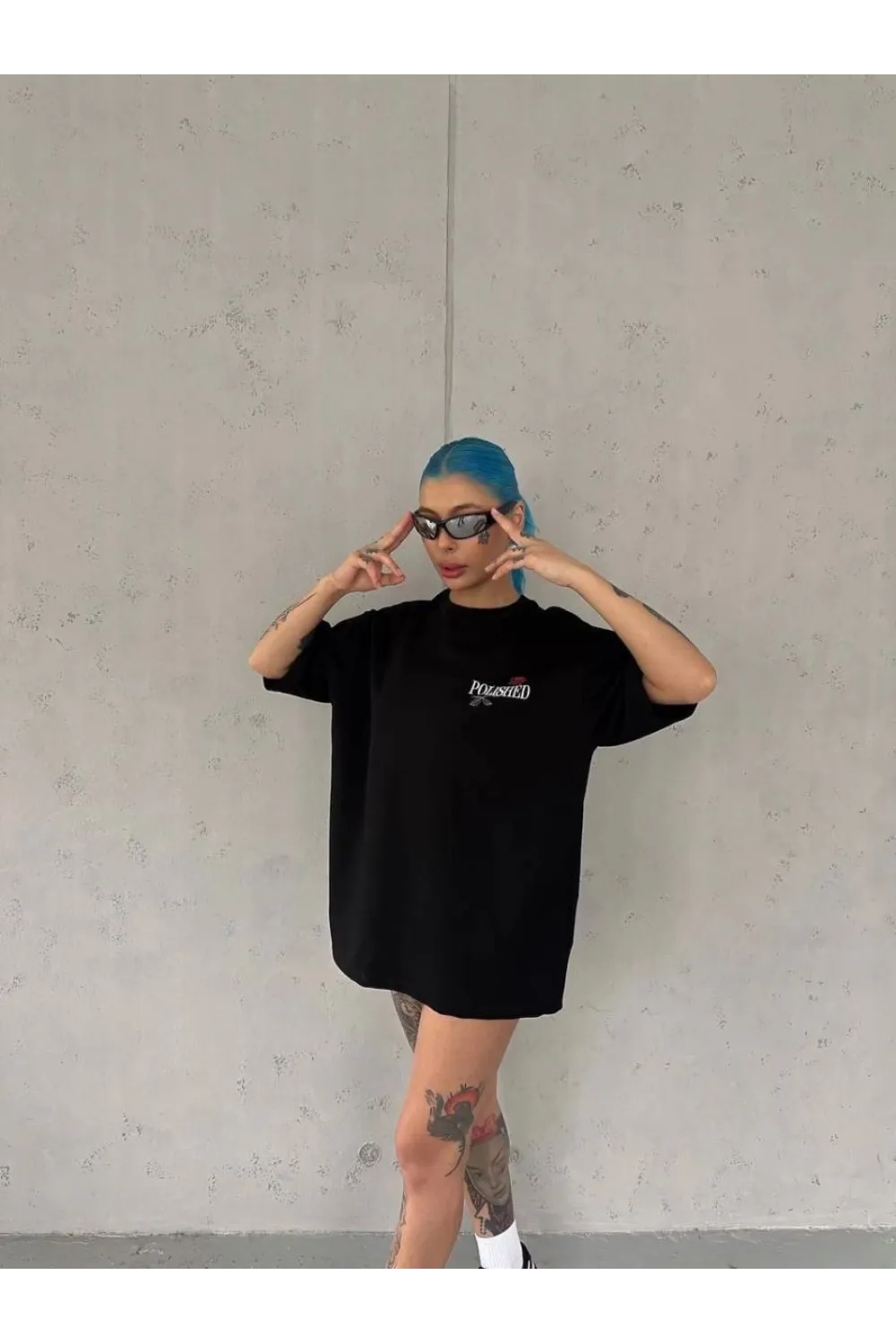 Kadın Bisiklet Yaka Baskılı kısa kol Oversize T-Shirt - Siyah
