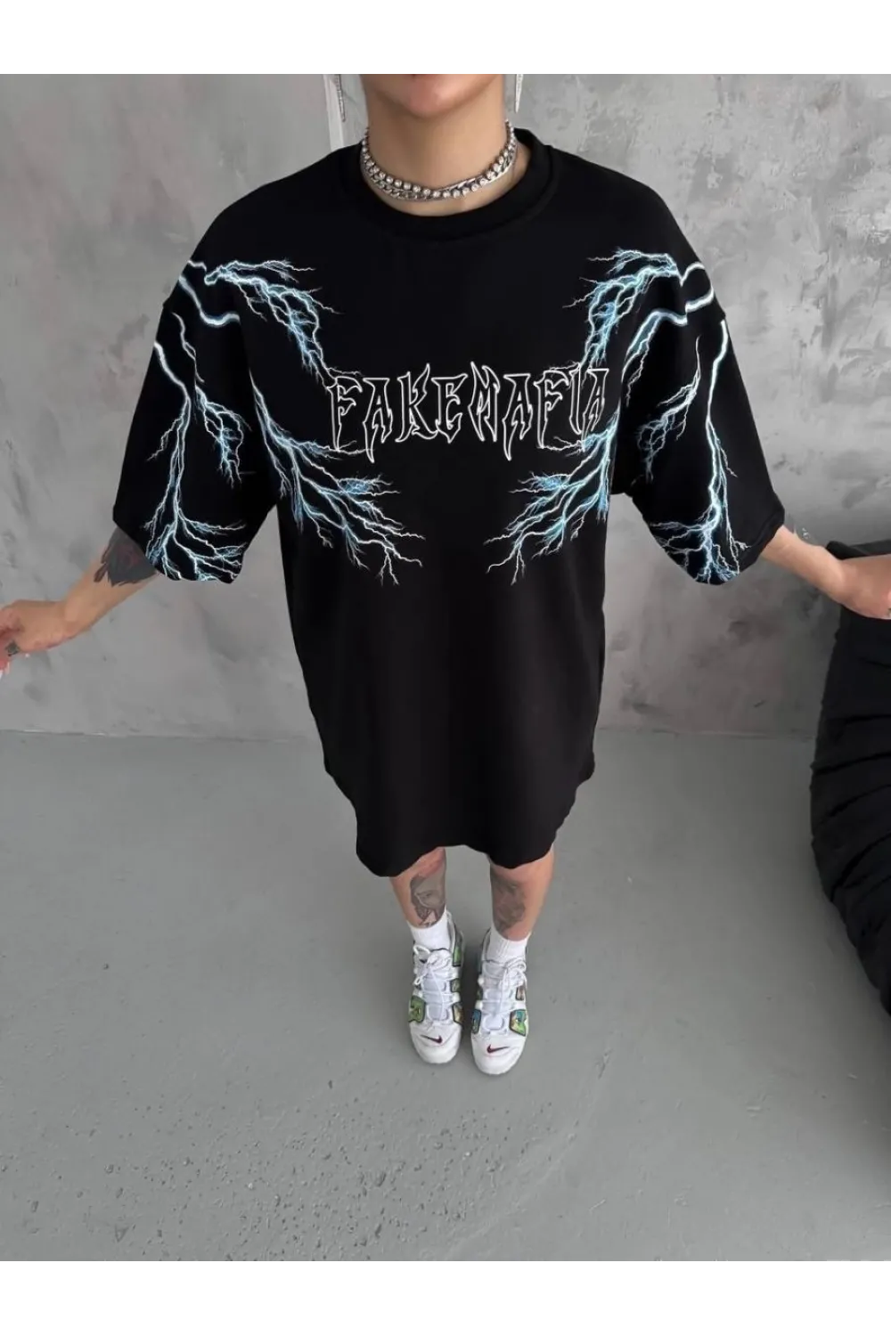 Kadın Bisiklet Yaka Baskılı  Kısa kol Oversize T-Shirt - Siyah