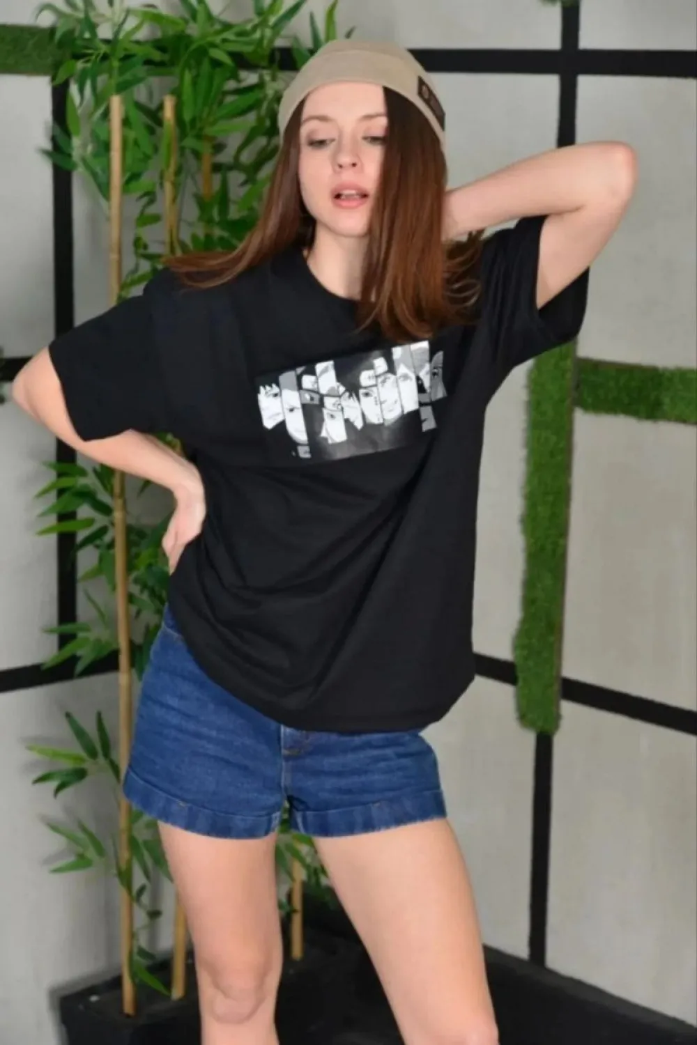 Kadın Bisiklet Yaka Baskılı  Kısa kol Oversize T-Shirt - Siyah
