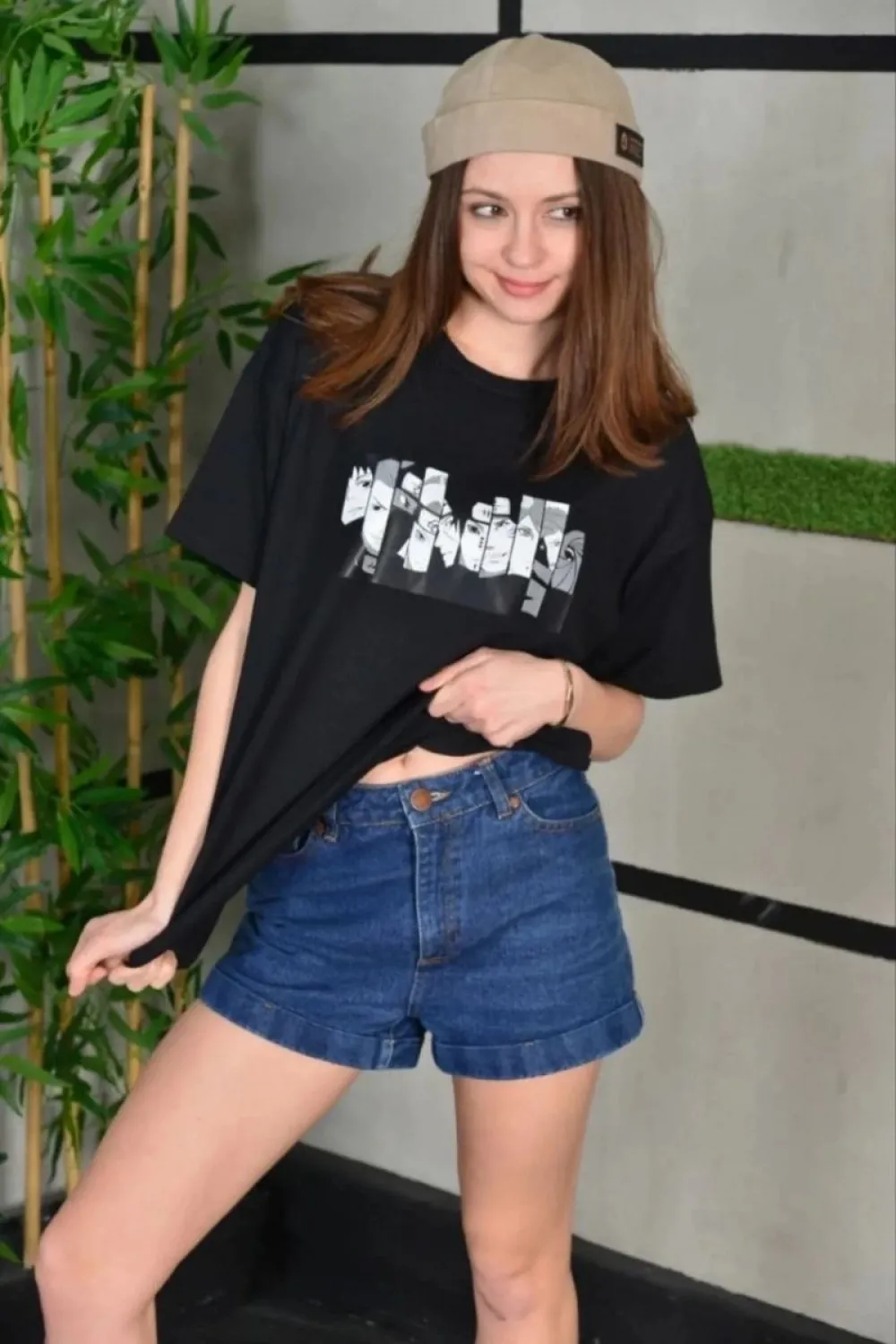Kadın Bisiklet Yaka Baskılı  Kısa kol Oversize T-Shirt - Siyah