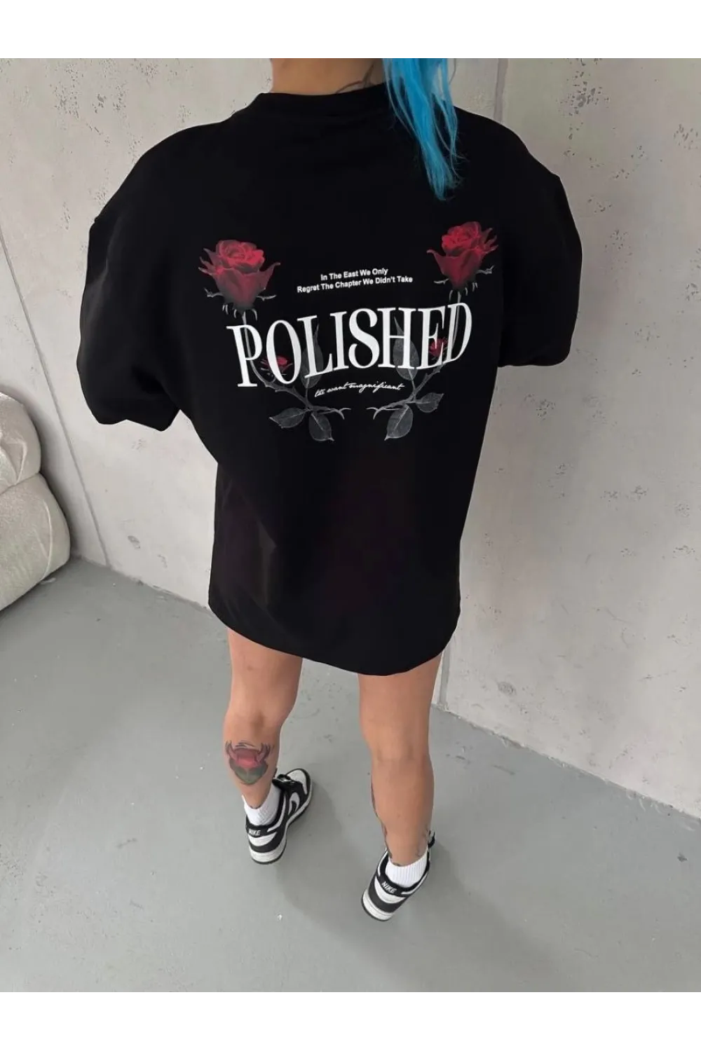 Kadın Bisiklet Yaka Baskılı kısa kol Oversize T-Shirt - Siyah