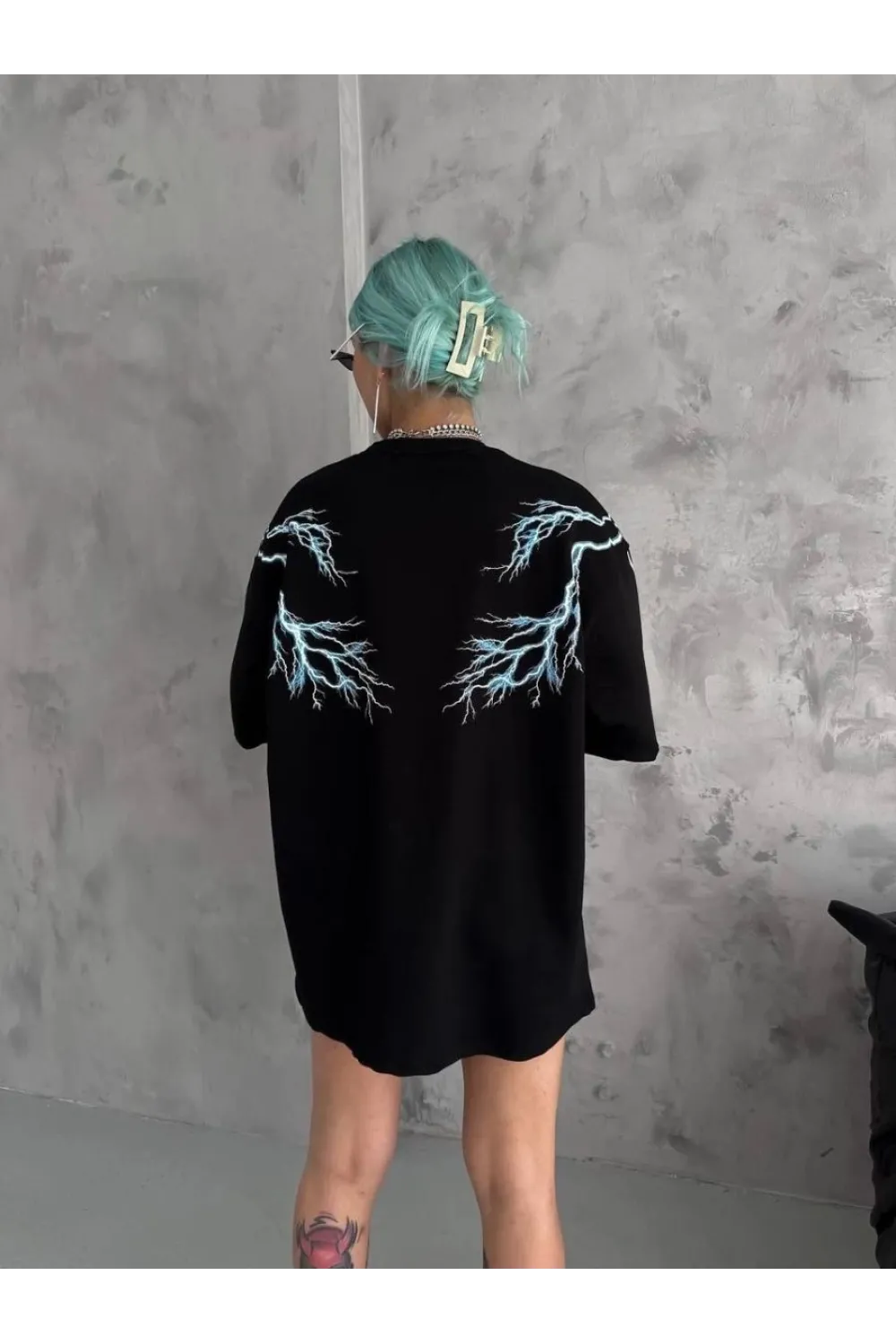 Kadın Bisiklet Yaka Baskılı  Kısa kol Oversize T-Shirt - Siyah