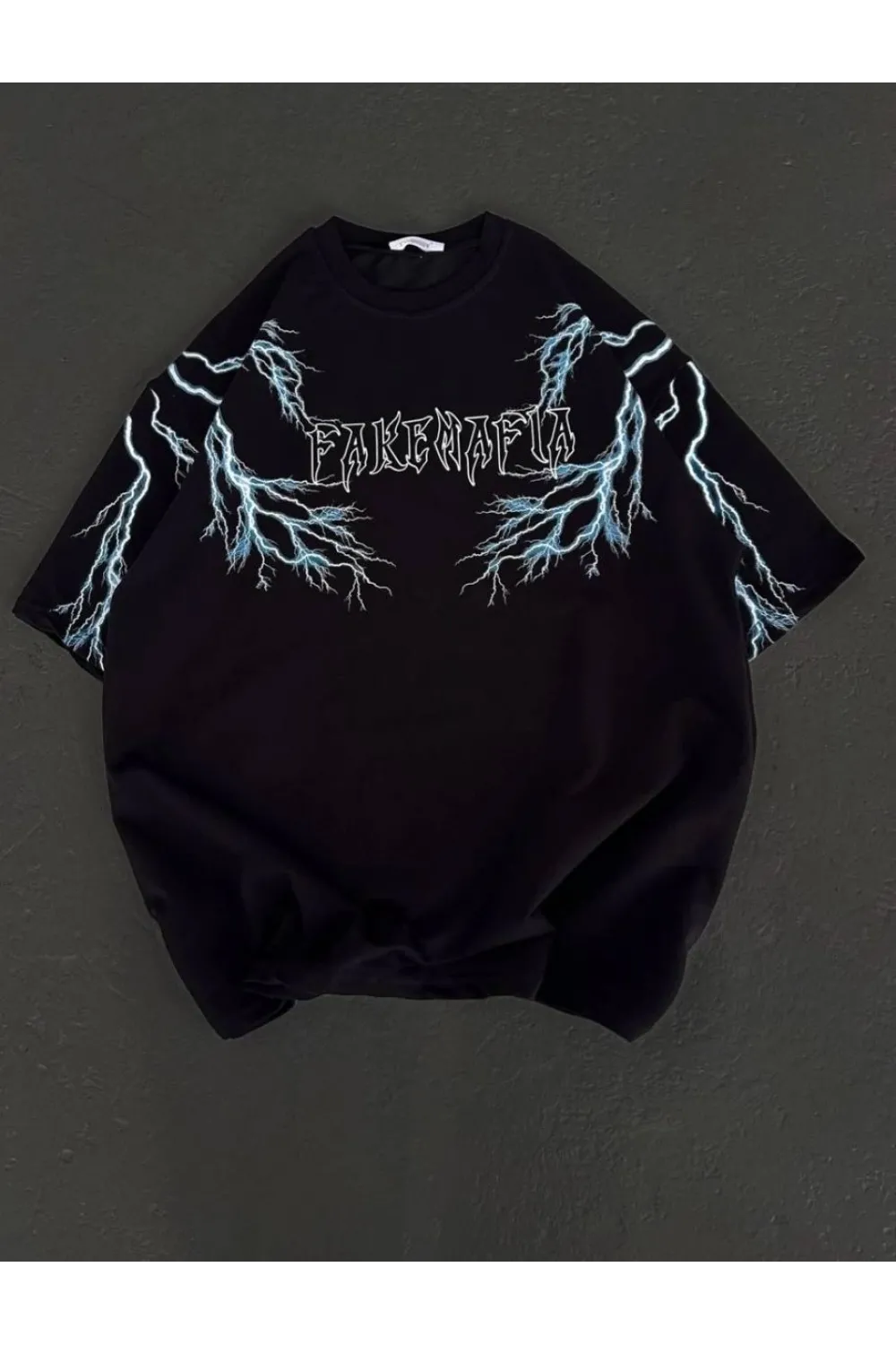 Kadın Bisiklet Yaka Baskılı  Kısa kol Oversize T-Shirt - Siyah