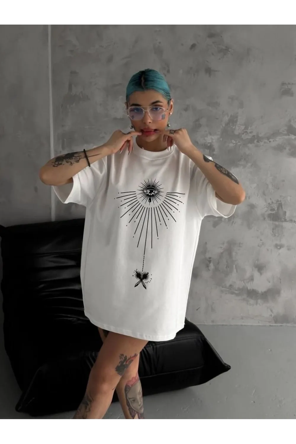 kadın Bisiklet Yaka Baskılı Oversize  Kısa kol T-Shirt - Beyaz