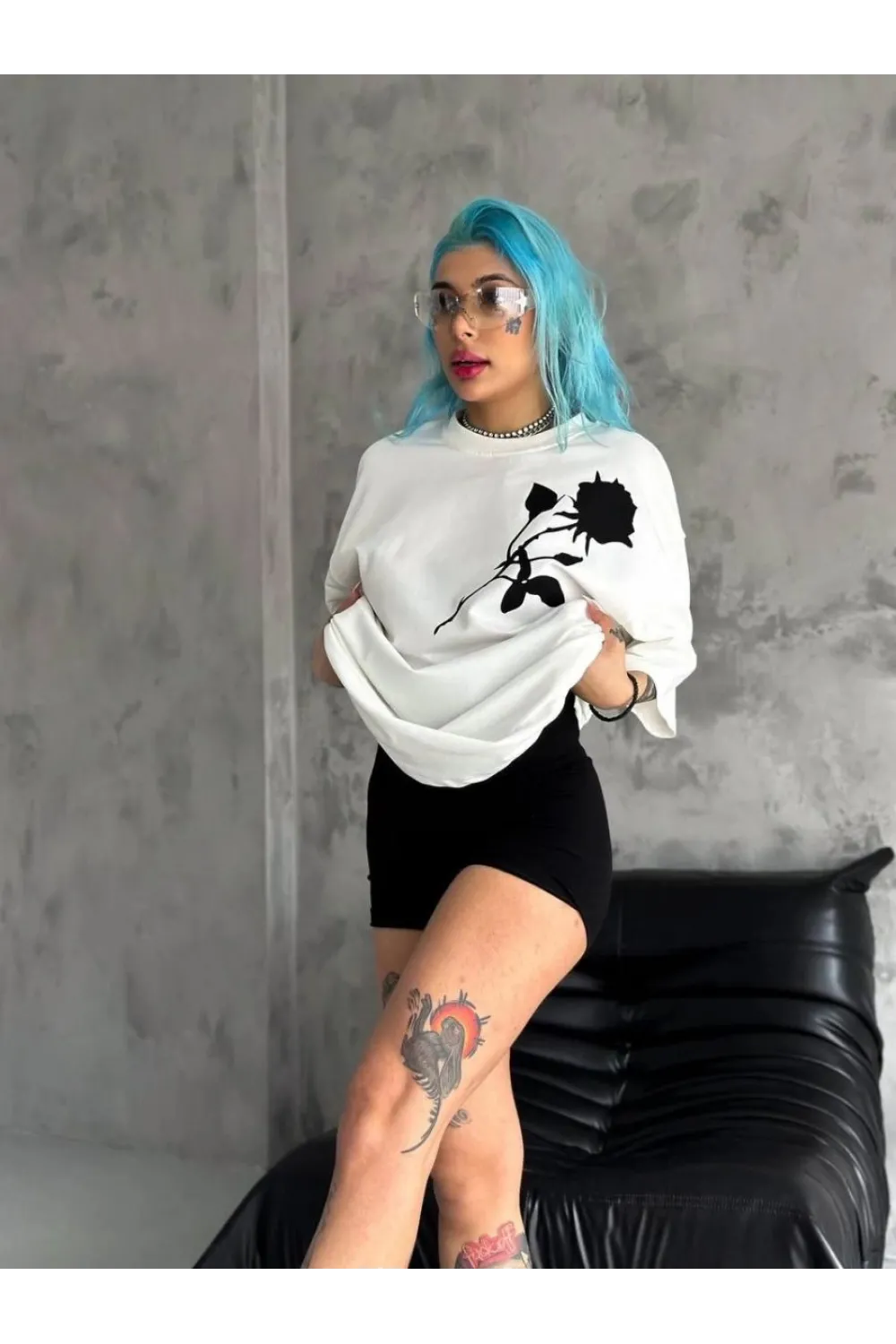 kadın Bisiklet Yaka Baskılı Oversize  Kısa kol T-Shirt - Beyaz