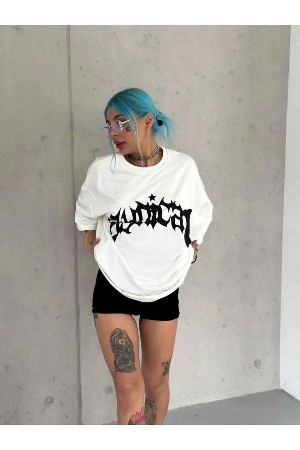 kadın Bisiklet Yaka Baskılı Oversize  Kısa kol T-Shirt - Beyaz