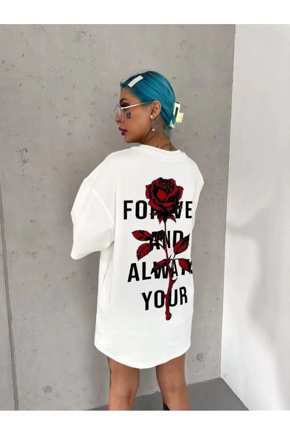 kadın Bisiklet Yaka Baskılı Oversize Kısa kol  T-Shirt - Beyaz
