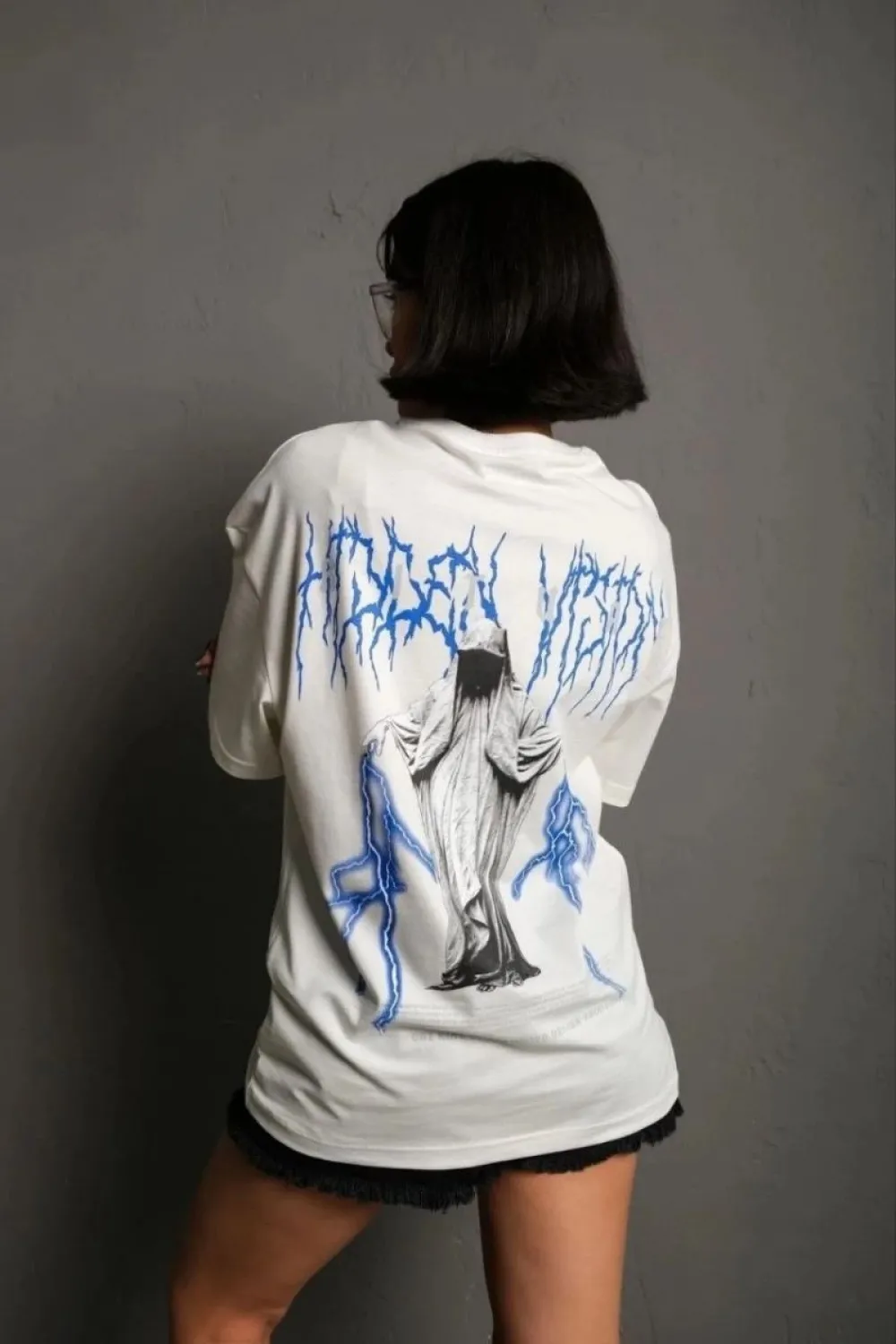 kadın Bisiklet Yaka Baskılı Oversize Kısa kol  T-Shirt - Beyaz