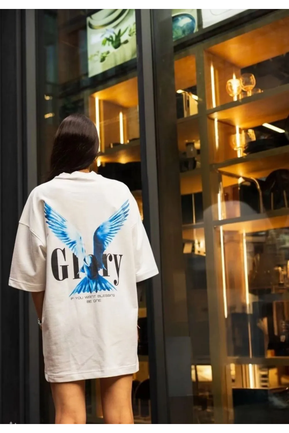 kadın Bisiklet Yaka Baskılı Oversize  Kısa kol T-Shirt - Beyaz