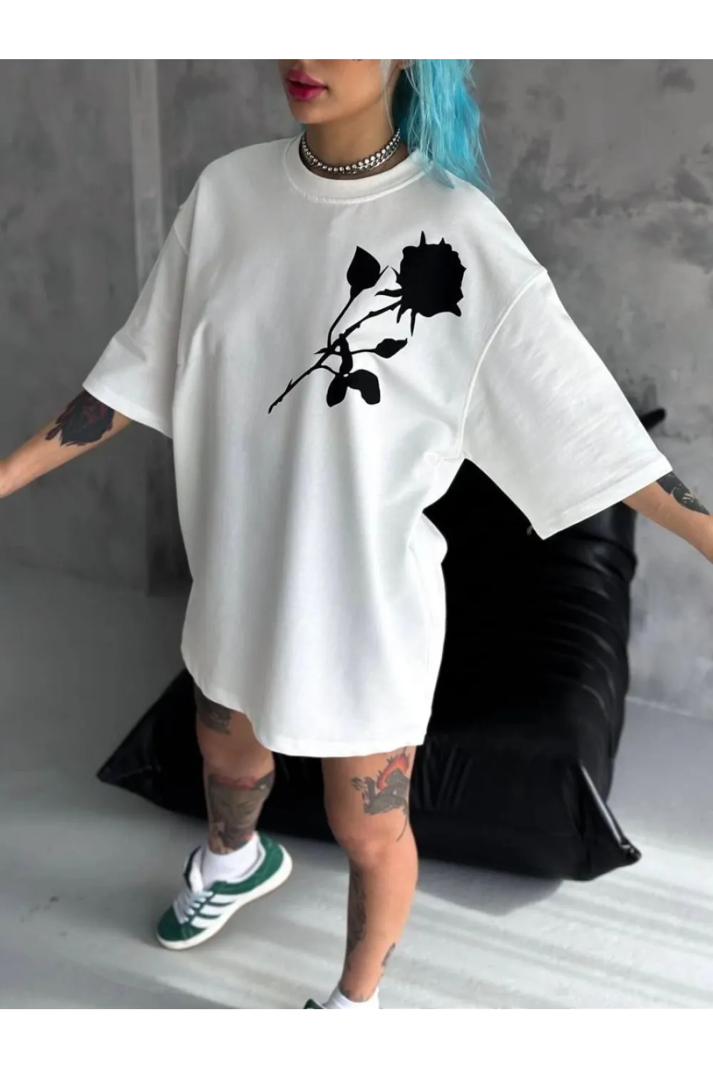 kadın Bisiklet Yaka Baskılı Oversize  Kısa kol T-Shirt - Beyaz