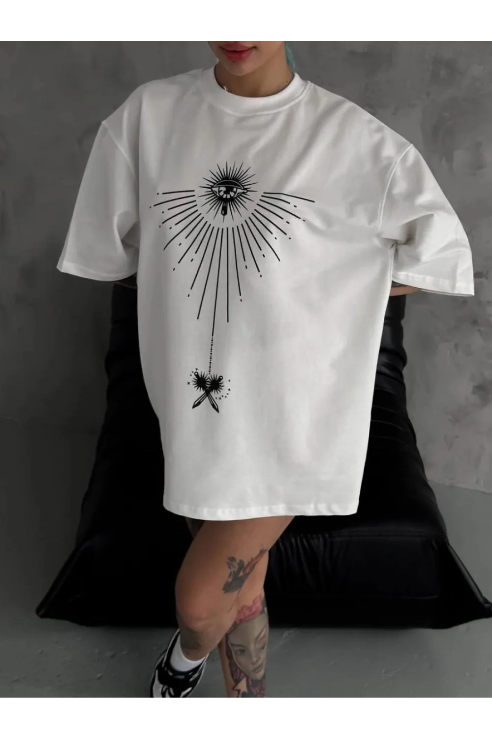 kadın Bisiklet Yaka Baskılı Oversize  Kısa kol T-Shirt - Beyaz