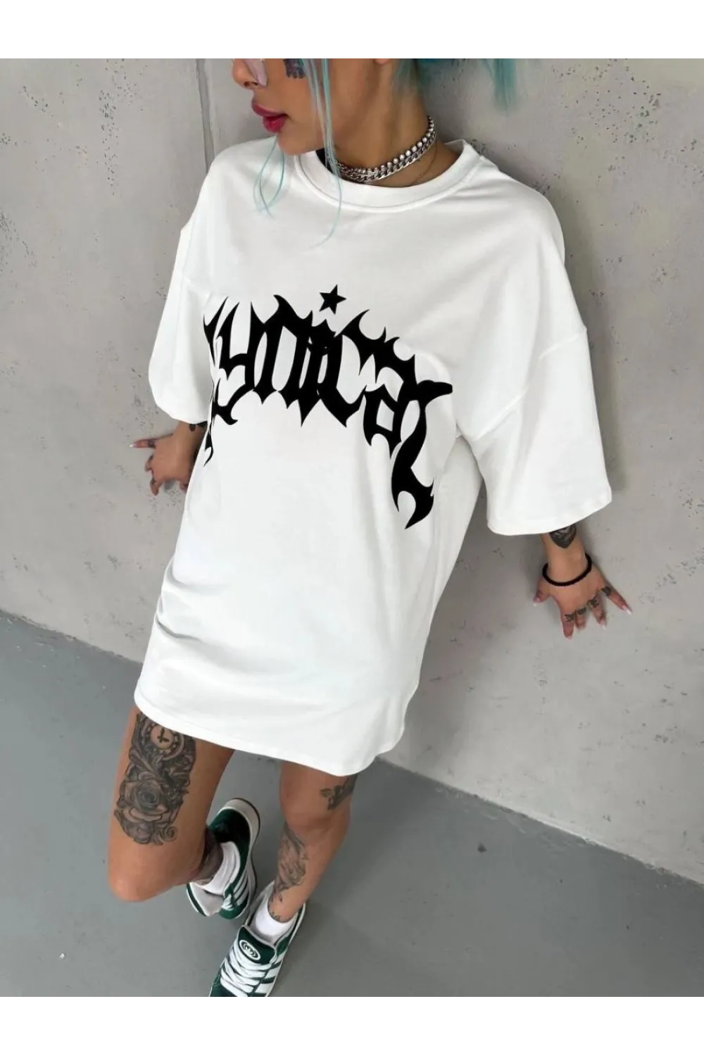 kadın Bisiklet Yaka Baskılı Oversize  Kısa kol T-Shirt - Beyaz