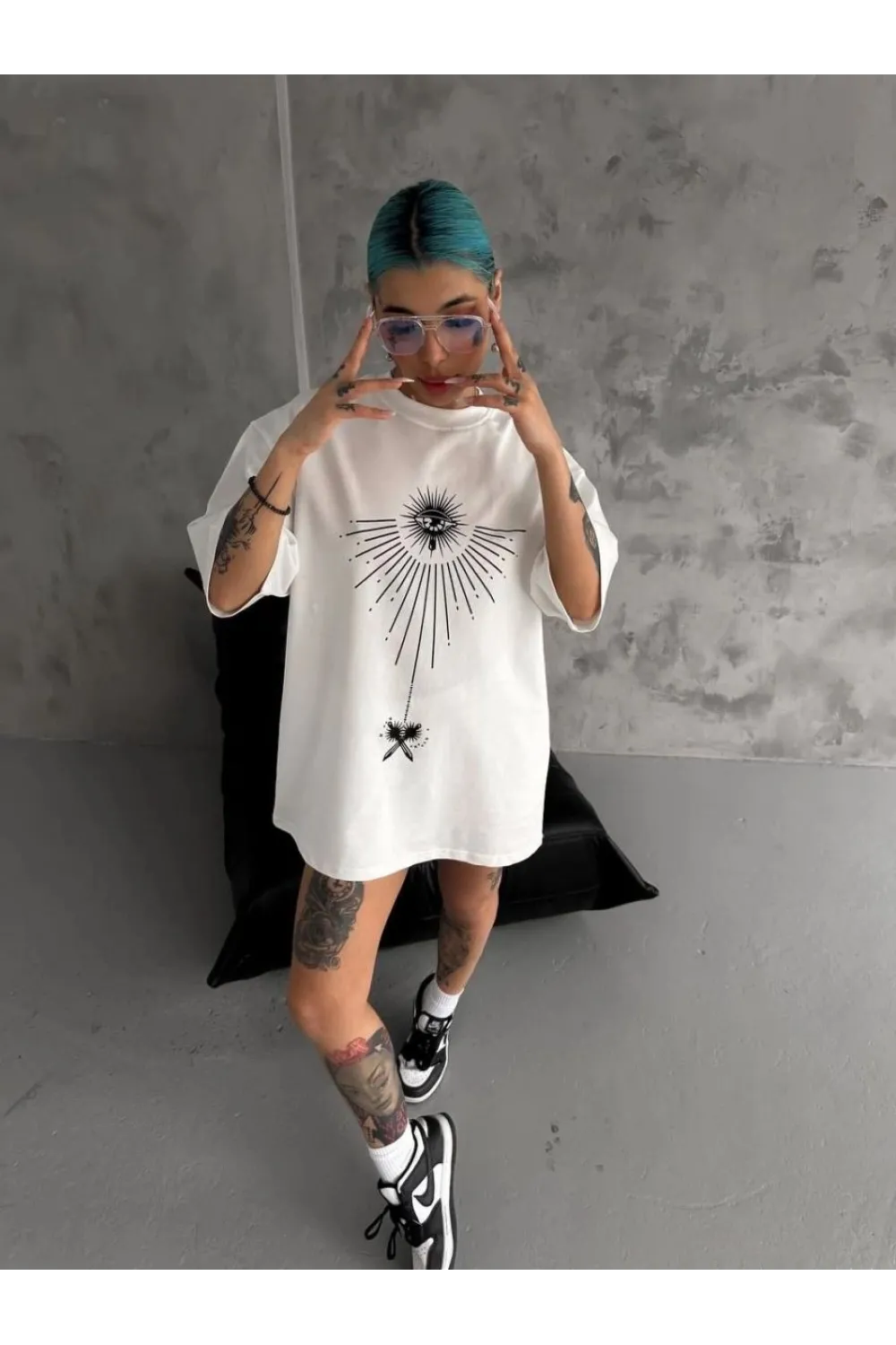 kadın Bisiklet Yaka Baskılı Oversize  Kısa kol T-Shirt - Beyaz