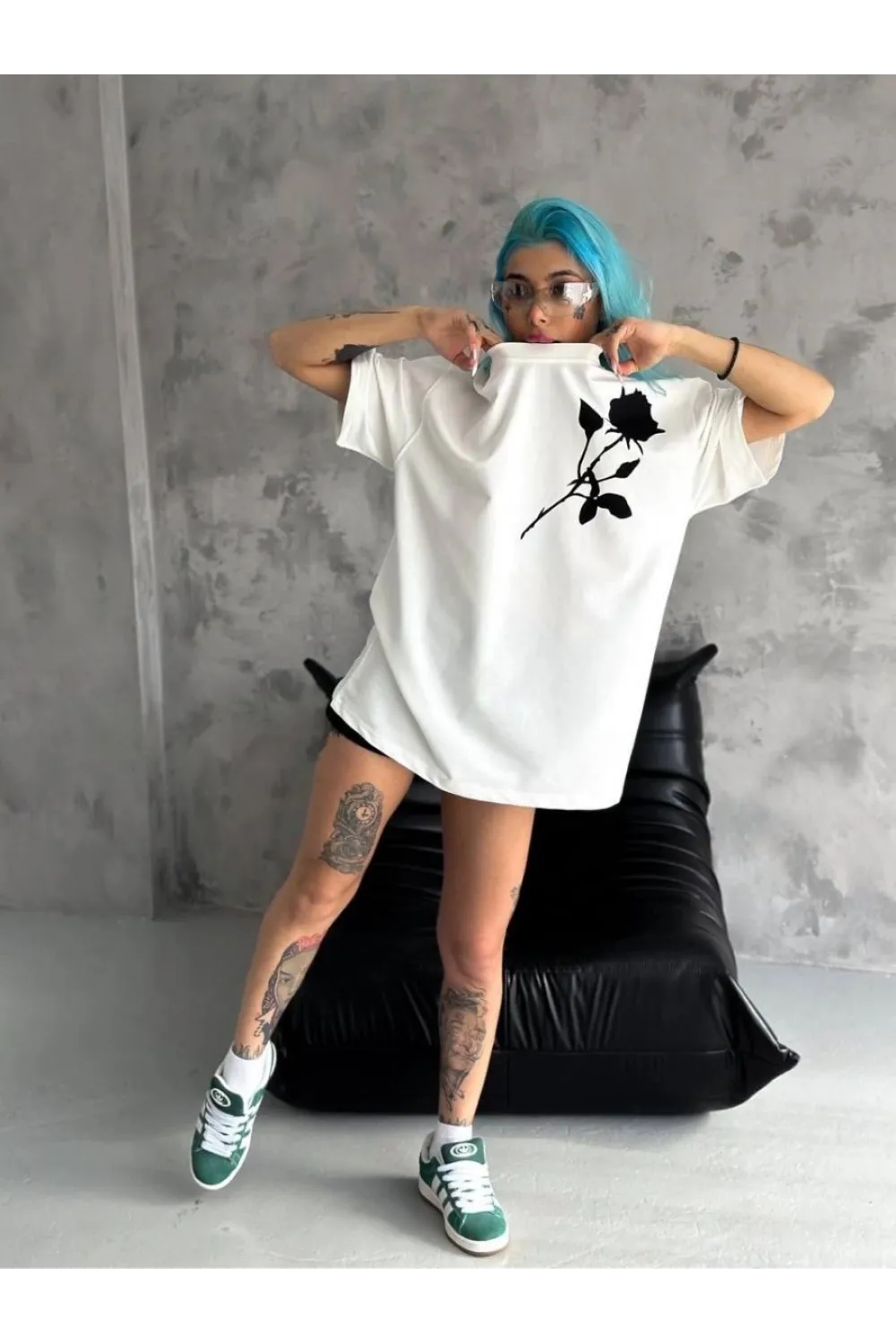 kadın Bisiklet Yaka Baskılı Oversize  Kısa kol T-Shirt - Beyaz