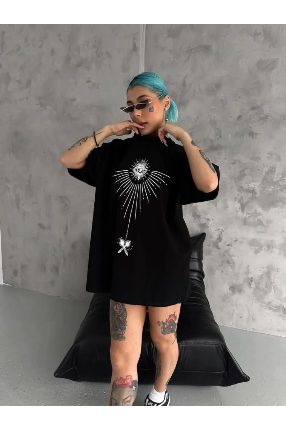 kadın Bisiklet Yaka Baskılı Oversize  Kısa kol T-Shirt - Siyah