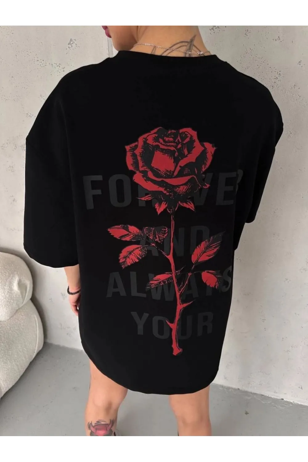 kadın Bisiklet Yaka Baskılı Oversize  Kısa kol T-Shirt - Siyah