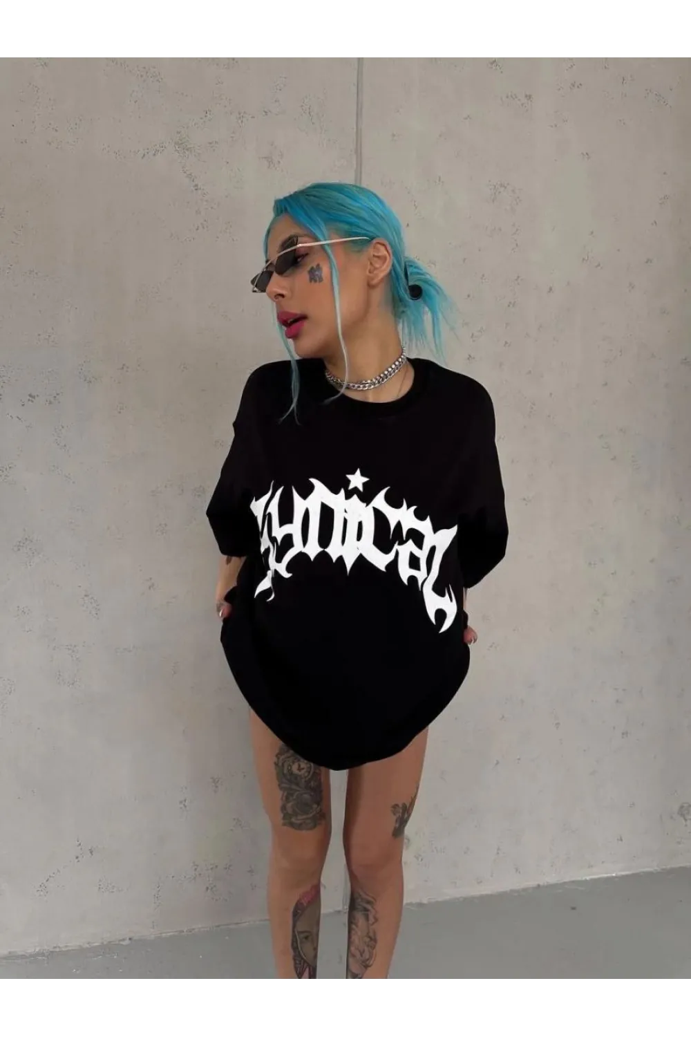 kadın Bisiklet Yaka Baskılı Oversize Kısa kol  T-Shirt - Siyah