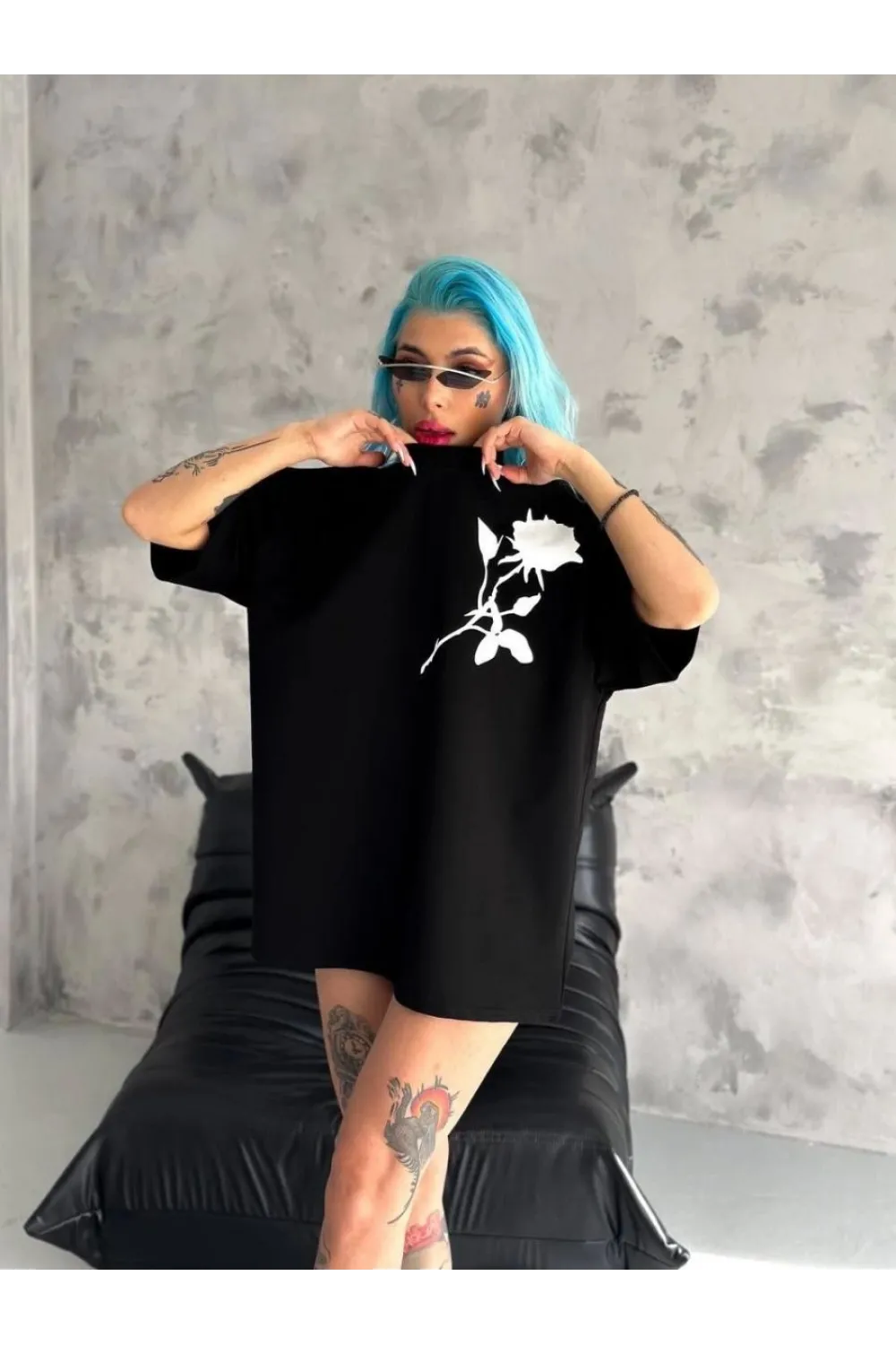 kadın Bisiklet Yaka Baskılı Oversize  Kısa kol T-Shirt - Siyah