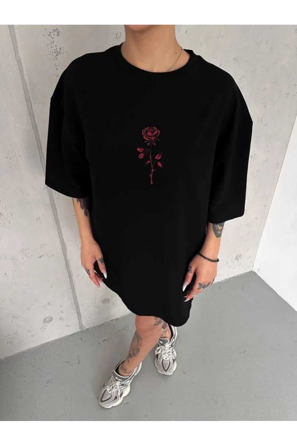 kadın Bisiklet Yaka Baskılı Oversize  Kısa kol T-Shirt - Siyah