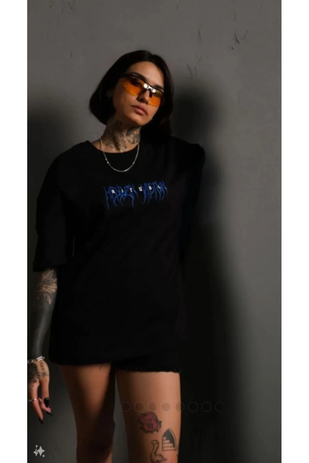 kadın Bisiklet Yaka Baskılı Oversize  Kısa kol T-Shirt - Siyah