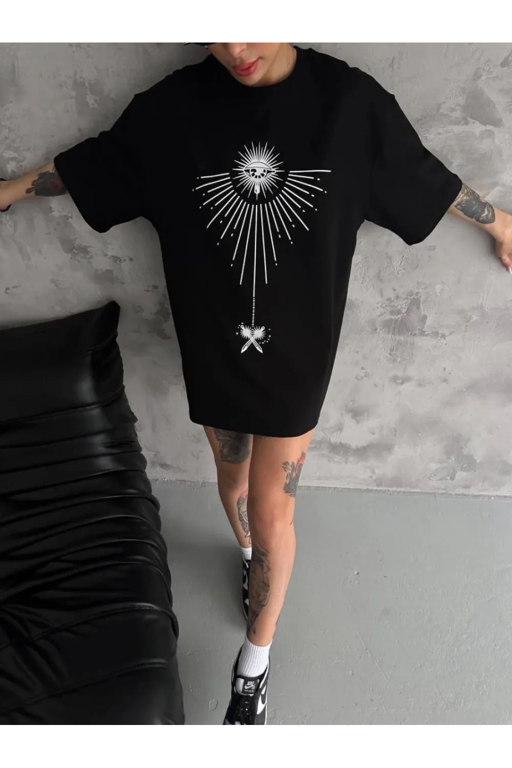 kadın Bisiklet Yaka Baskılı Oversize  Kısa kol T-Shirt - Siyah