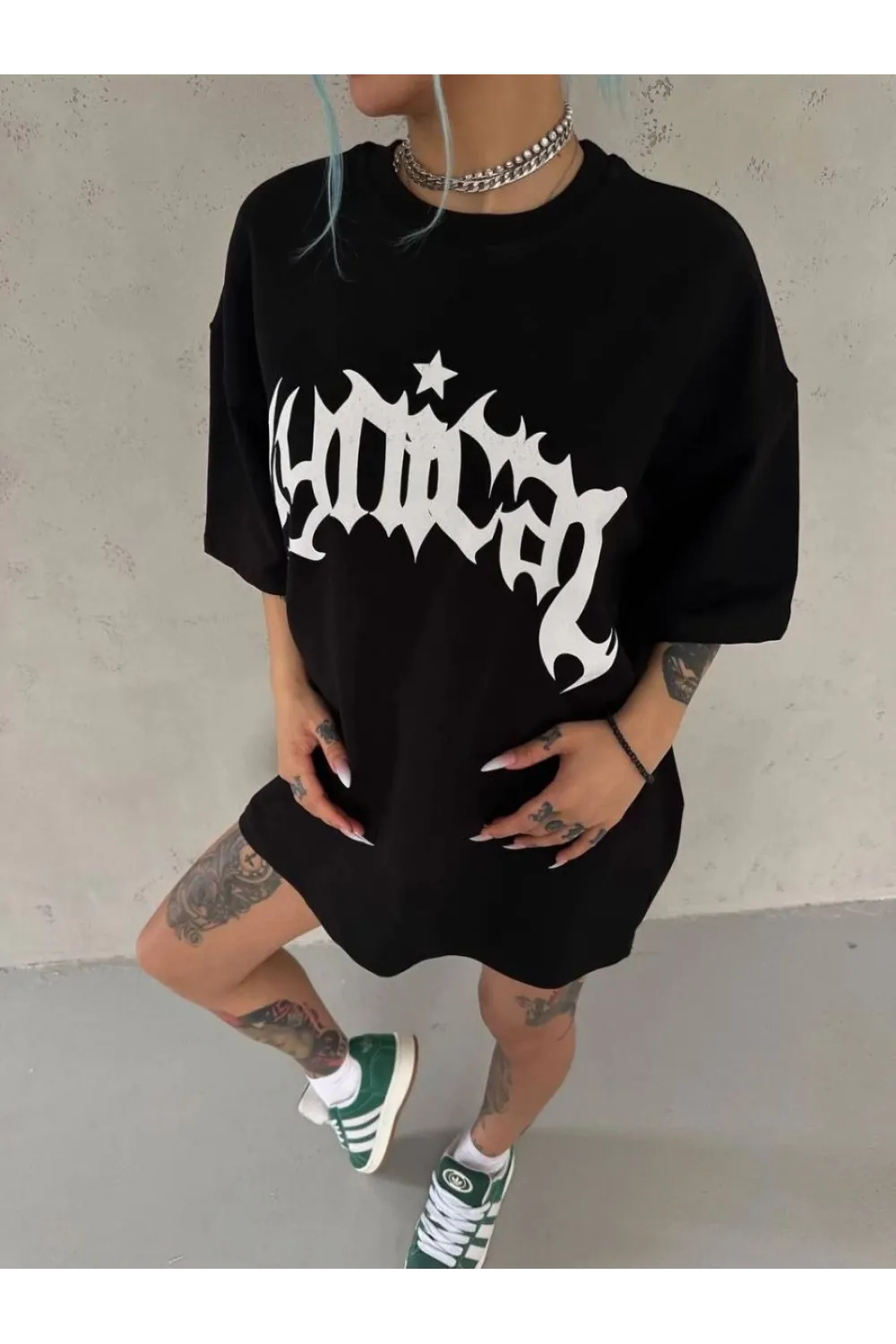 kadın Bisiklet Yaka Baskılı Oversize Kısa kol  T-Shirt - Siyah