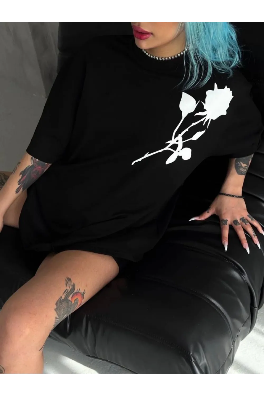 kadın Bisiklet Yaka Baskılı Oversize  Kısa kol T-Shirt - Siyah