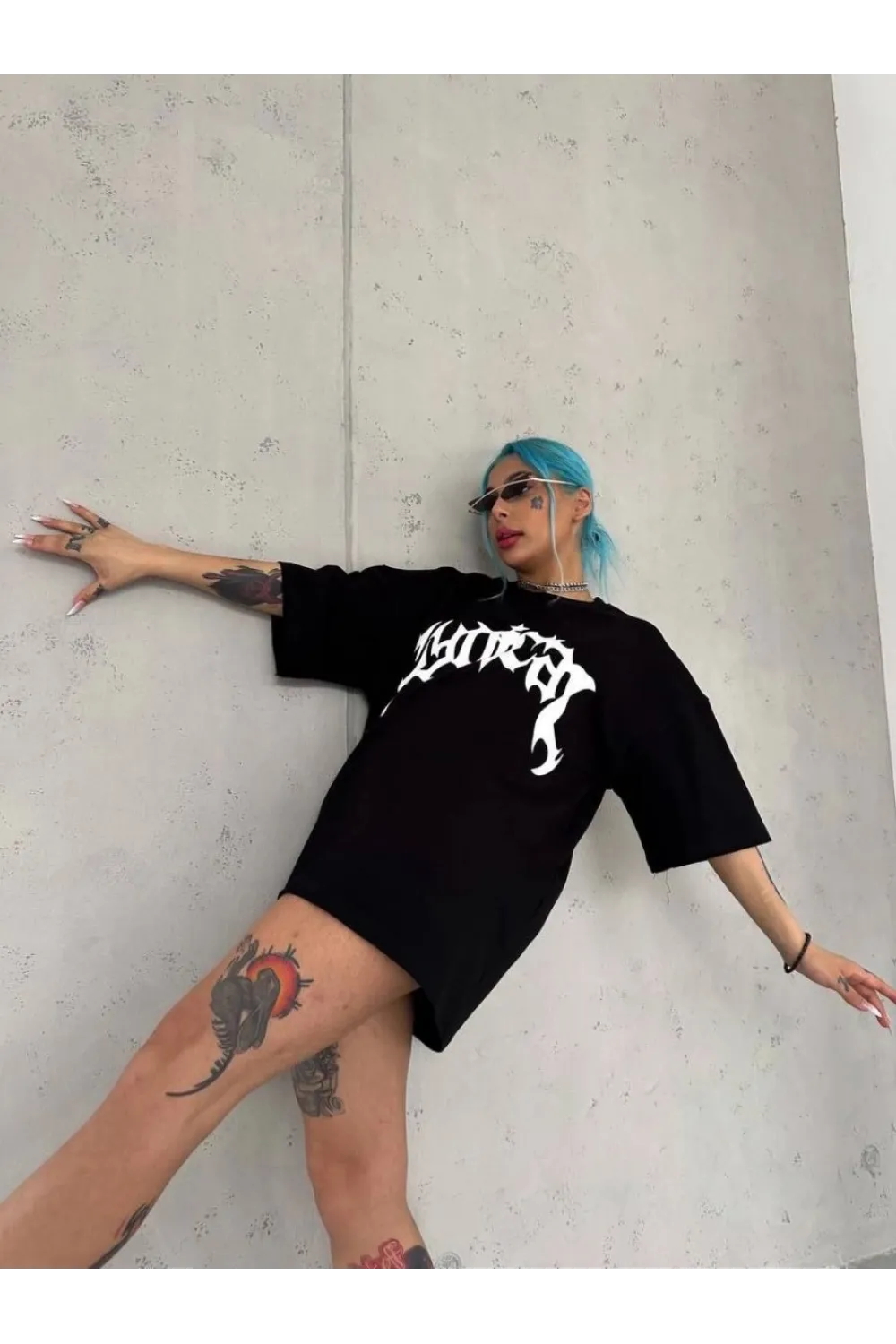 kadın Bisiklet Yaka Baskılı Oversize Kısa kol  T-Shirt - Siyah