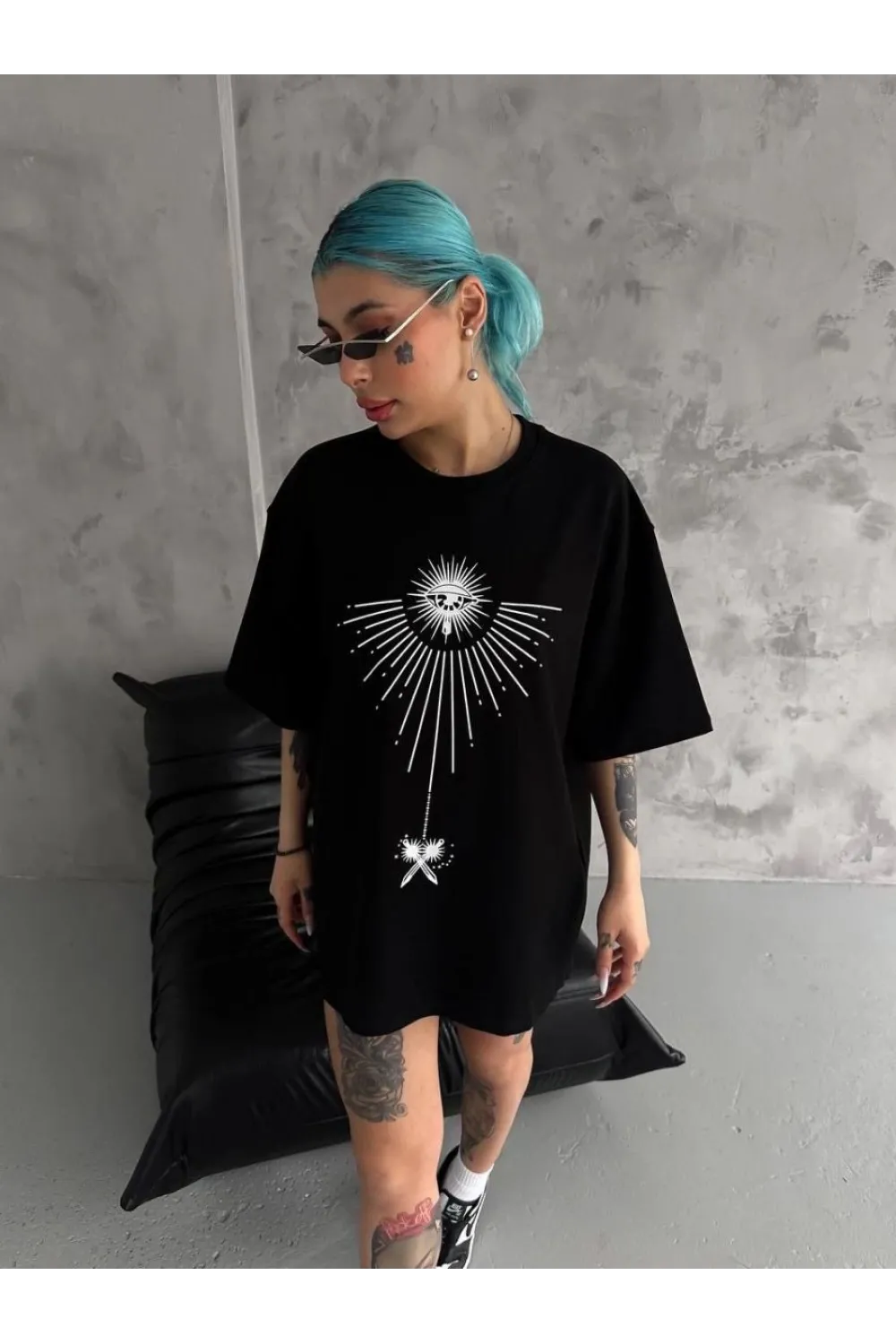 kadın Bisiklet Yaka Baskılı Oversize  Kısa kol T-Shirt - Siyah