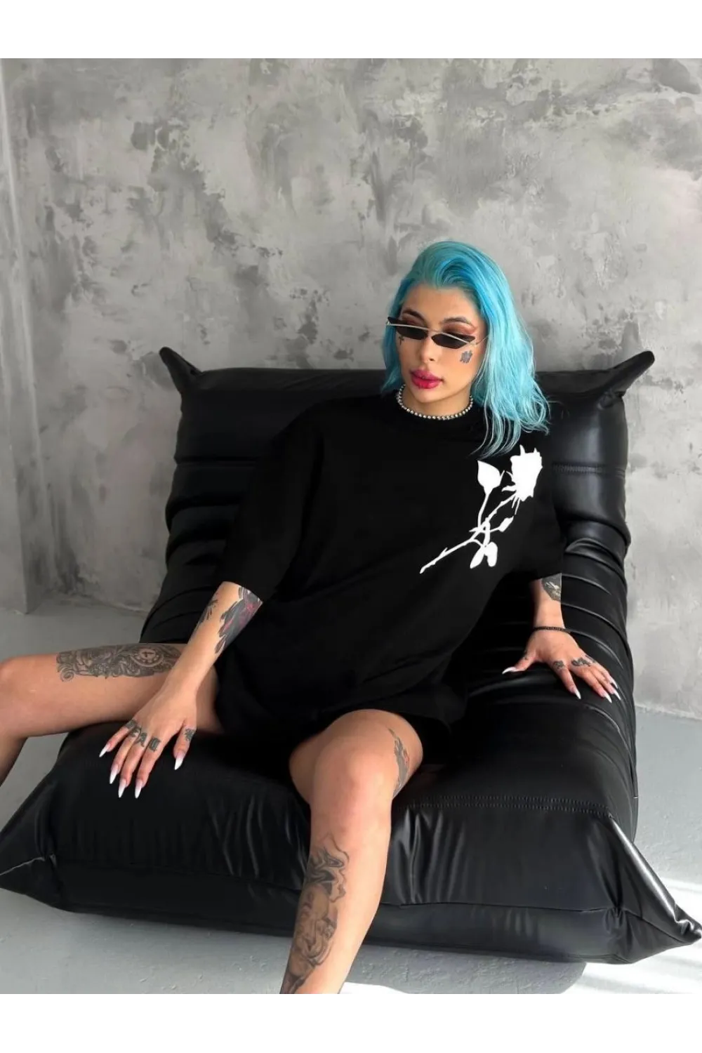 kadın Bisiklet Yaka Baskılı Oversize  Kısa kol T-Shirt - Siyah