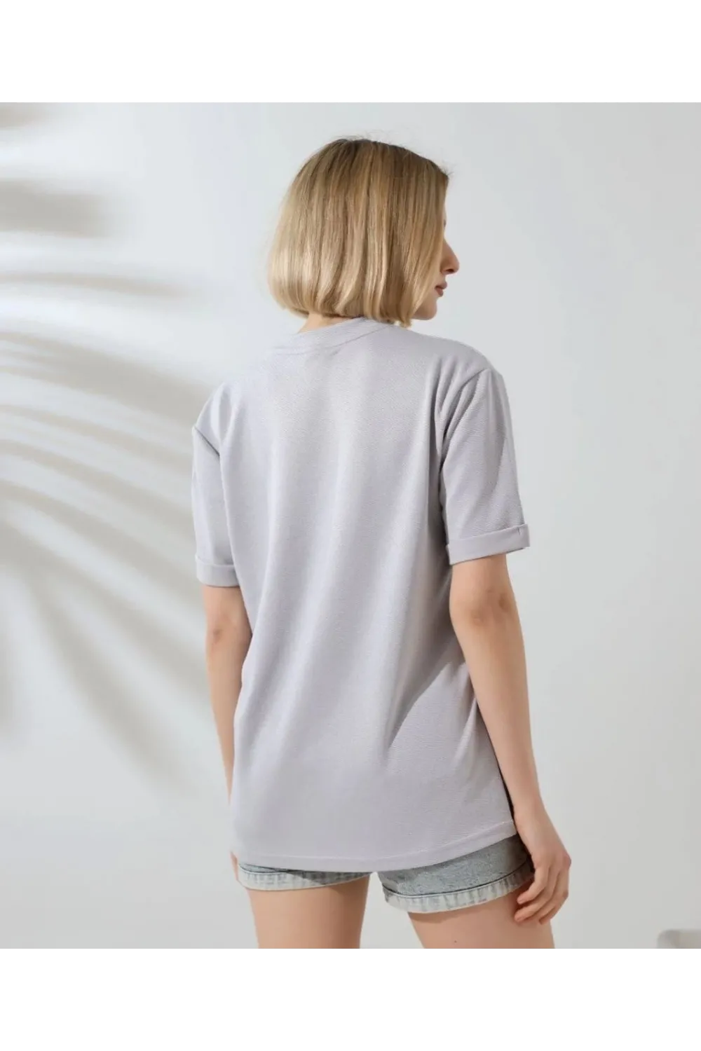 Kadın Bisiklet Yaka Baskılı Slim Fit T-Shirt - Boyalı Gri